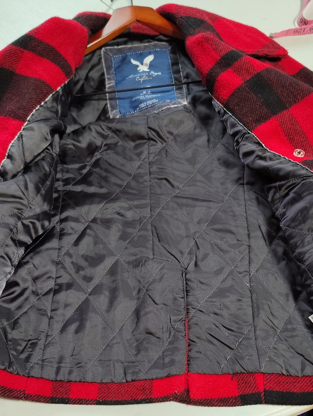 American Eagle Wool Blend Double Breasted Buffalo Plaid Pea Coat Size M Y2K - Picture 3 of 16